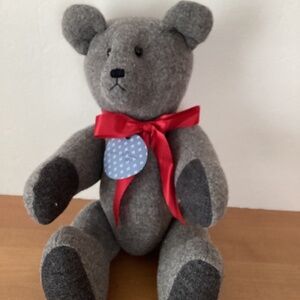 Vintage teddy Bear Jointed Handmade Gray Wool Plus Dark Gray and Burgundy Accent